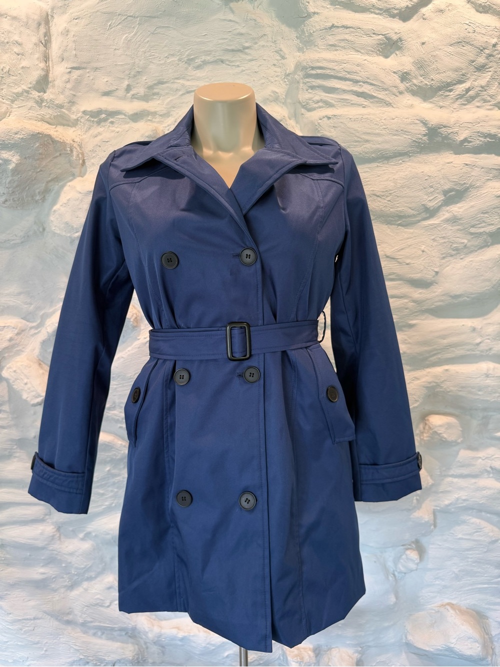 WANTDO Womens Trench CoatWaterproof Double-Breasted BlueBelted Large